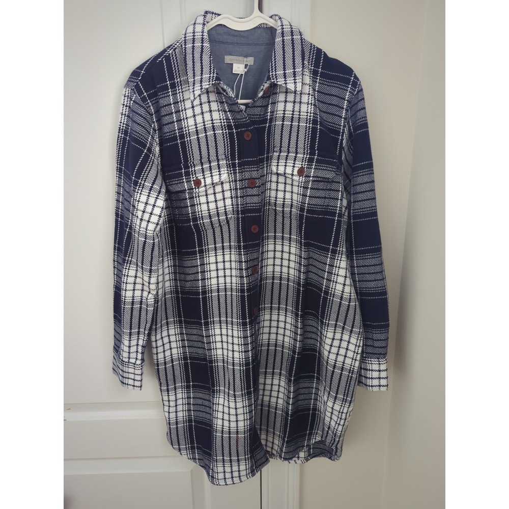 Outerknown Blanket Shirt Dress Womens Small Navy White Plaid Button Up Western